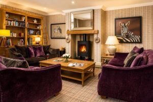 The 'Tartan' room with bookshelves, a log burning stove, and comfy sofas.